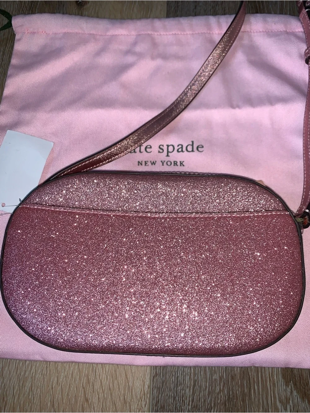 Kate Spade New York Mitten Pink Glimmer Oval Camera Crossbody & Dusty NEW W TAG